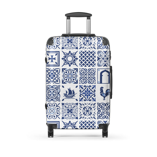 azulejos-portuguese-blue-and-white-tile-inspired-hard-shell-suitcase-medium-size-front-view-Dreamy Phoenix