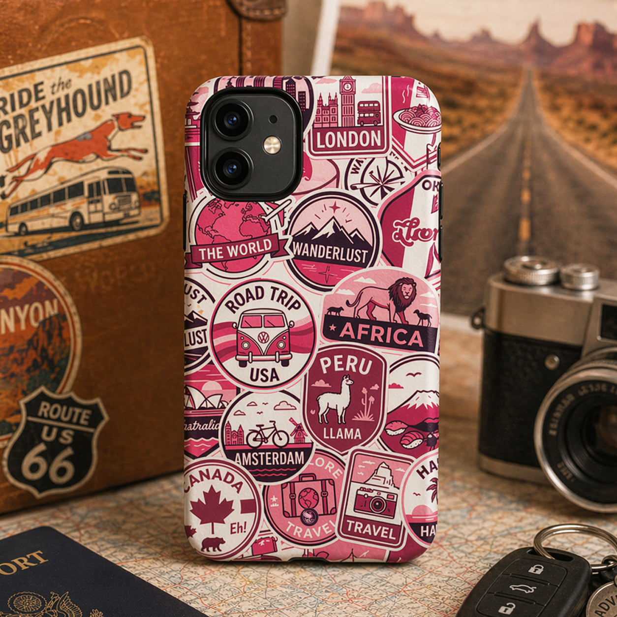 wanderlust-travel-sticker-vintage-pink-burgandy-Phone-Cover-exclusive-to-Dreamy Phoenix
