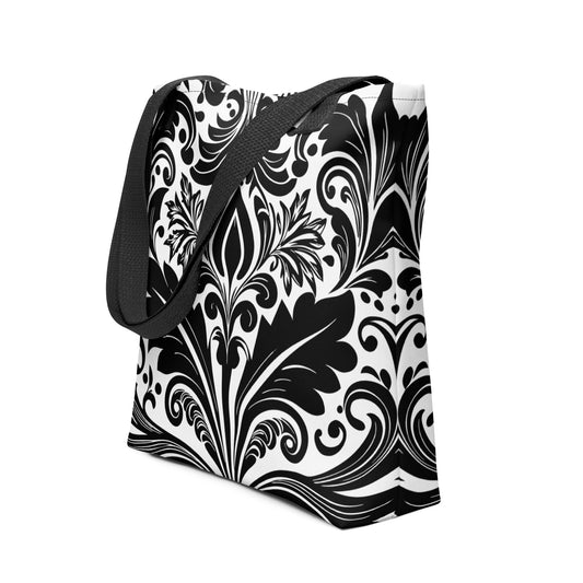 velvet-bloom-damask-all-over-print-tote-bag-black-and-white-15x15-front-view-Dreamy Phoenix