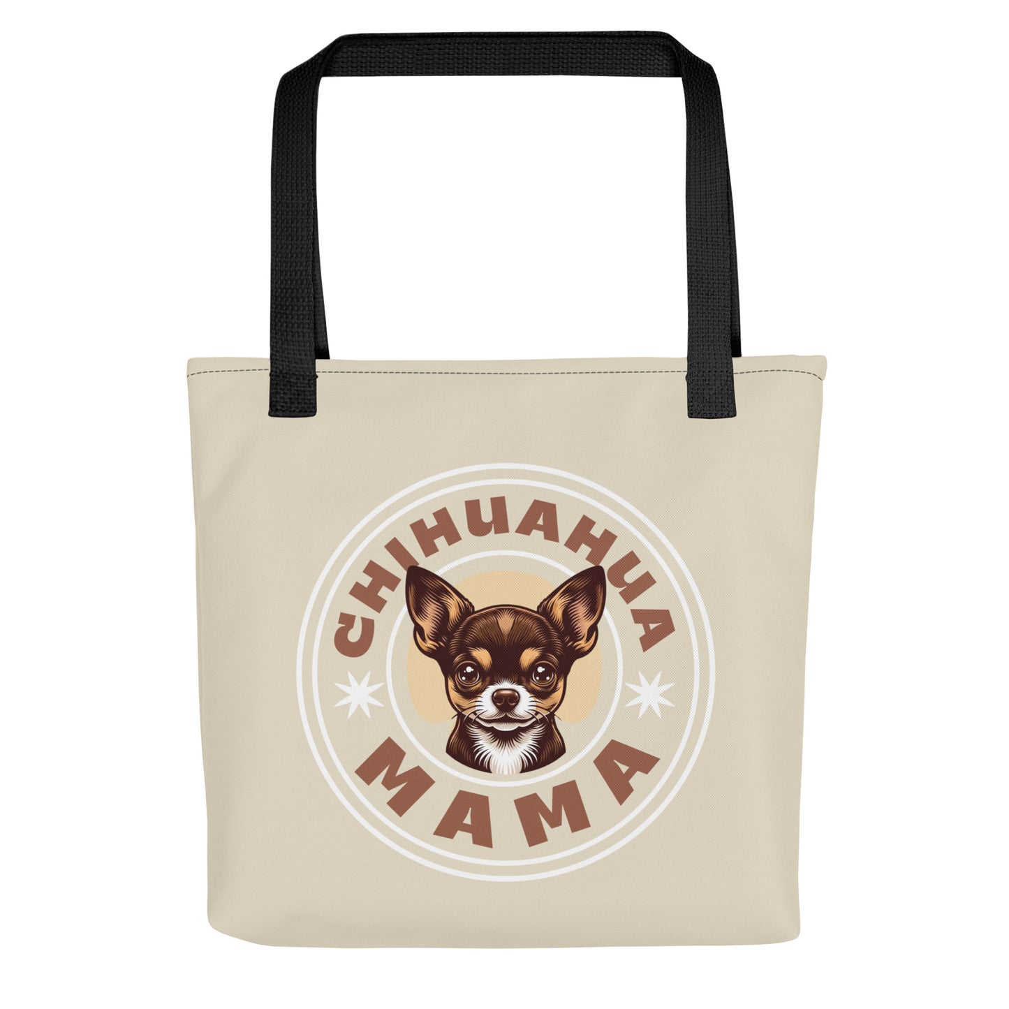 all-over-print-chihuahua mama tote-bag-beige-with black handles 15x15