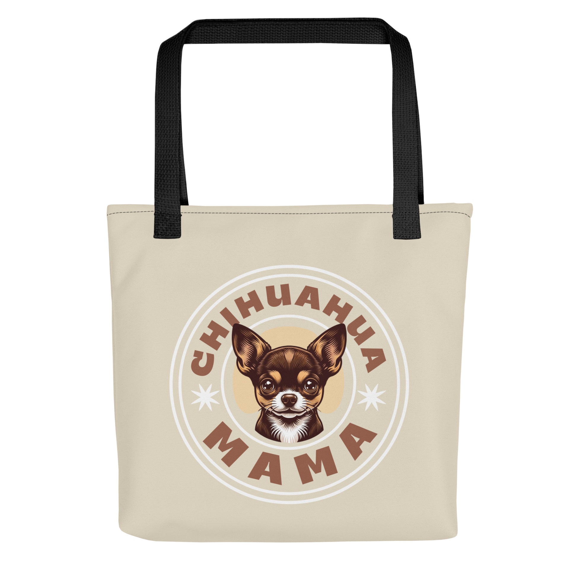 all-over-print-chihuahua mama tote-bag-beige-with black handles 15x15