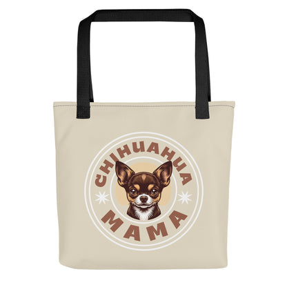 all-over-print-chihuahua mama tote-bag-beige-with black handles 15x15