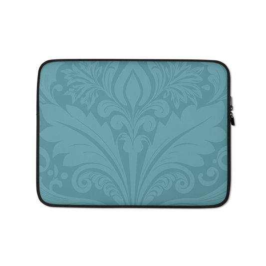 Velvet-Bloom-damask-aqua-coloured-laptop-sleeve-13-inch-front-view-Dreamy Phoenix