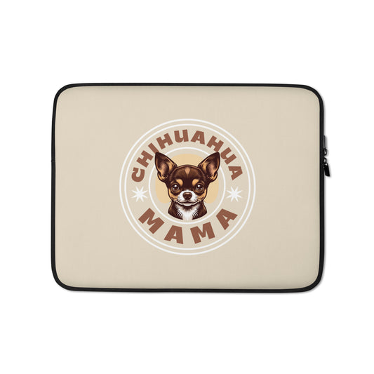 Front view of brown Chihuahua Mama 15" laptop sleeve - cute brown chihuahua in white circle with zip close.