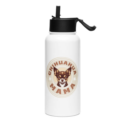 Chihuahua Mama - (Brown) image on plain white background - Cute Stainless Steel Water Bottle with straw lid - front view