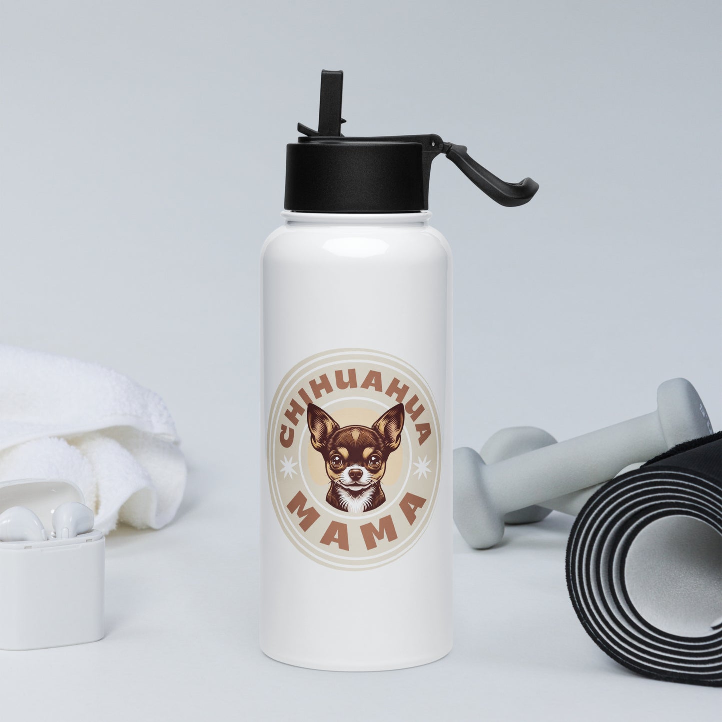 Chihuahua Mama - (Brown) Stainless Steel Water Bottle with Straw Lid