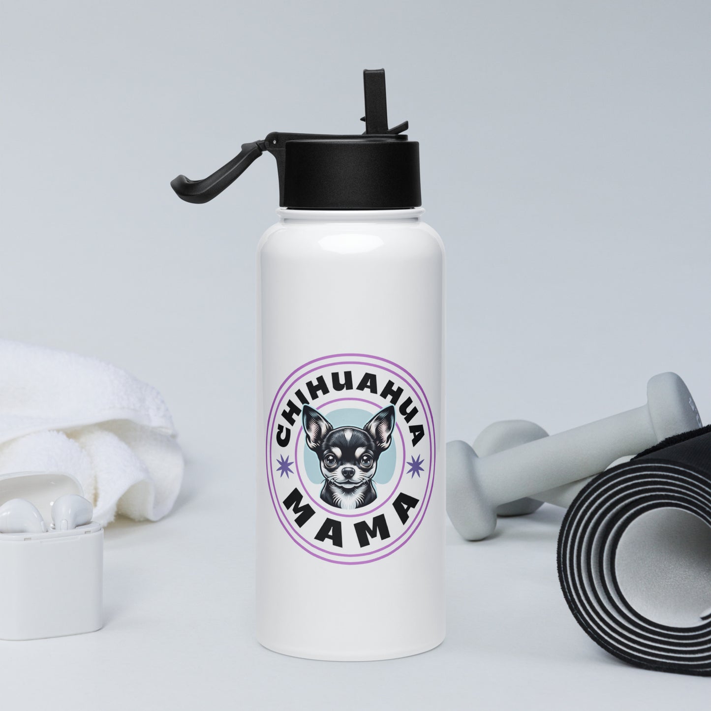 Chihuahua-Mama-stainless-steel-water-bottle-with-a-straw-lid-white-32-oz-right-Dreamy Phoenix