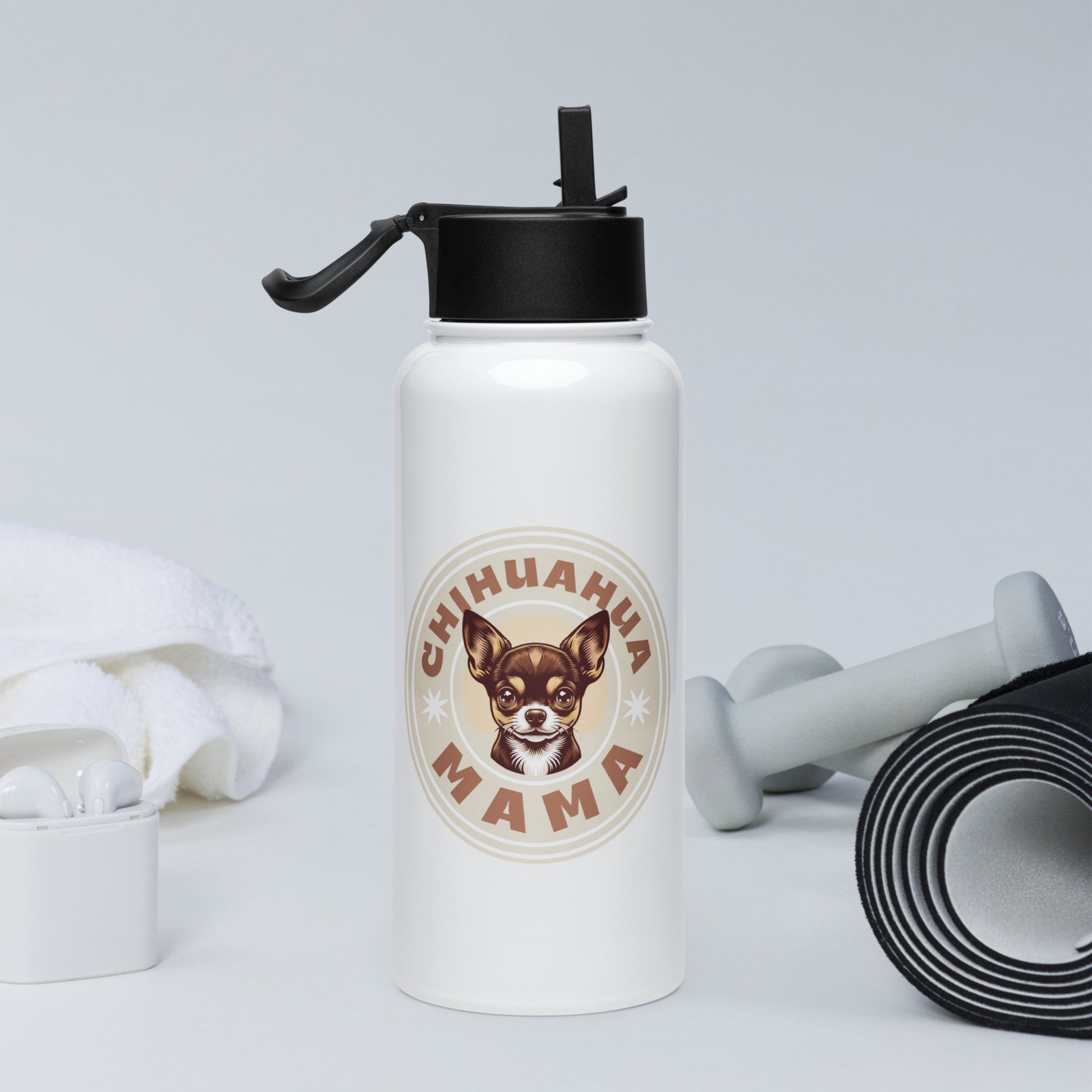 A white insulated water bottle with a black flip-top lid stands on a light gray surface. The bottle has a circular graphic featuring a chihuahua dog portrait and the words CHIHUAHUA MAMA.