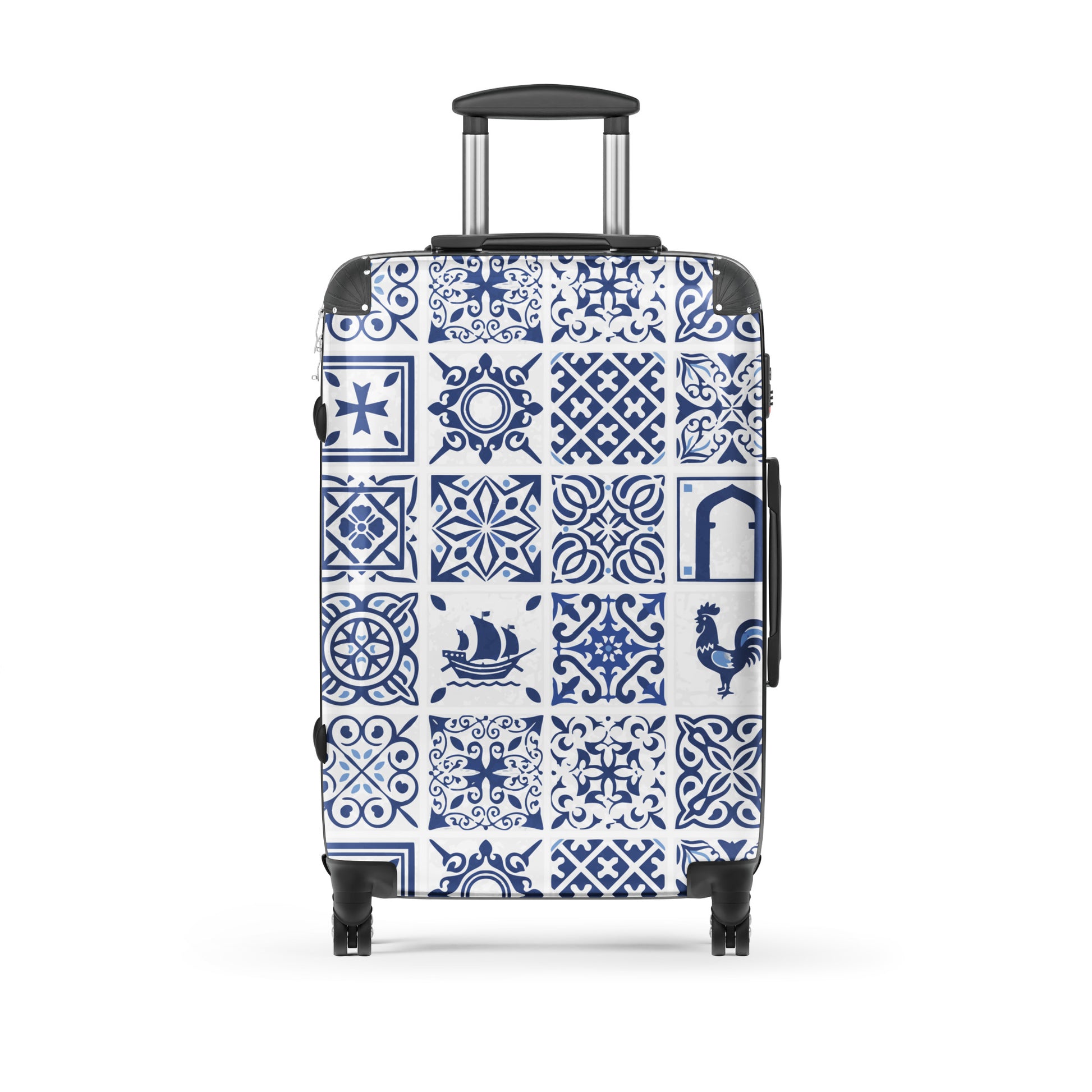 azulejos-portuguese-blue-and-white-tile-inspired-hard-shell-suitcase-medium-size-front-view-Dreamy Phoenix