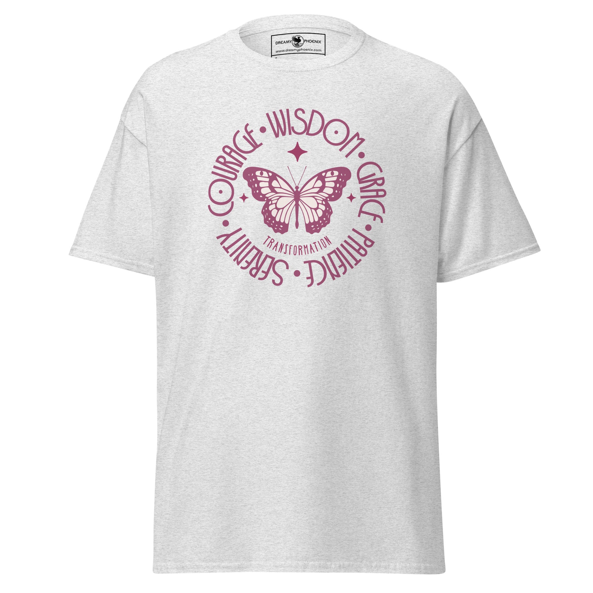 butterfly-transformation-wisdom-courage-grace-patience-serenity-classic-tee-ash-colour-front-view-Dreamy Phoenix