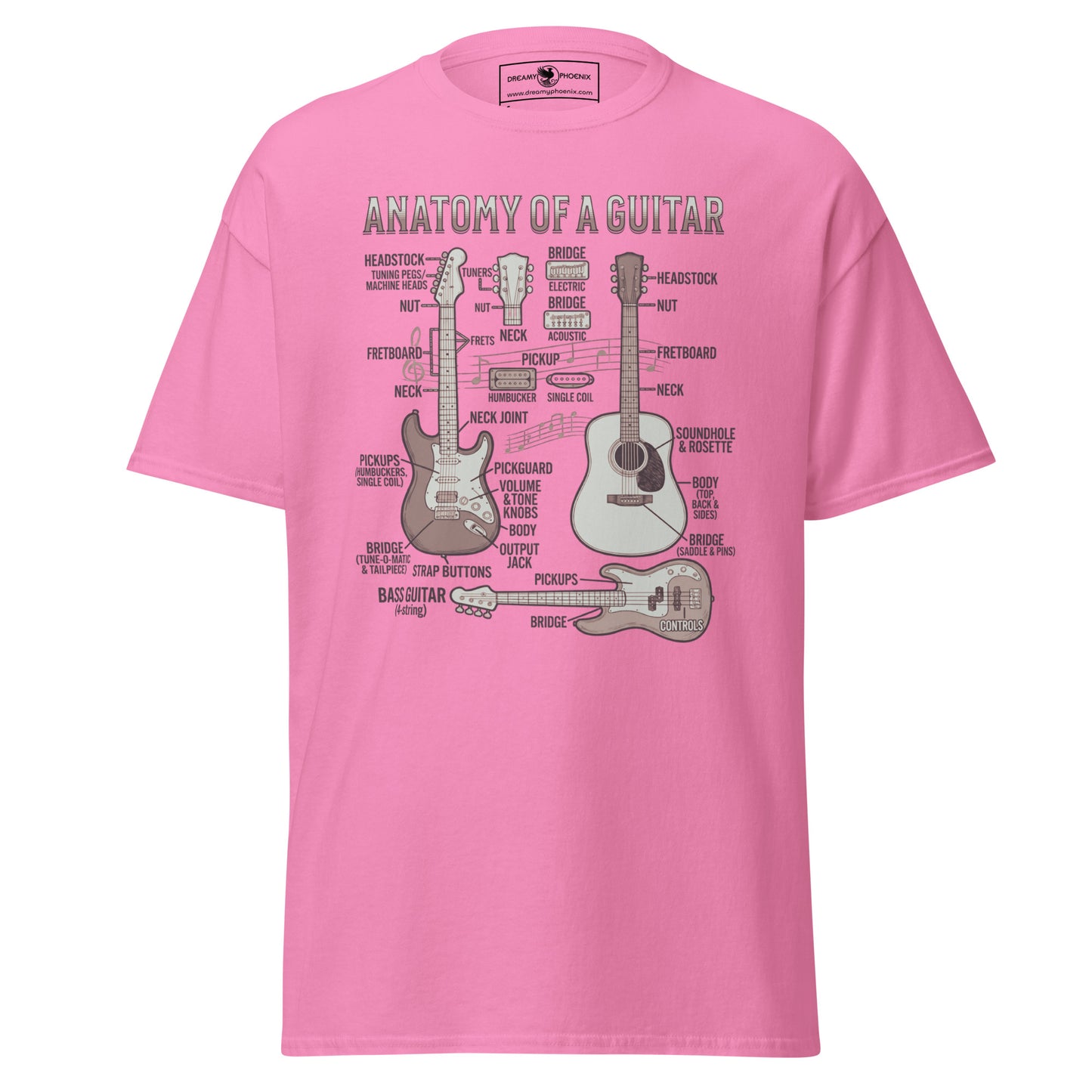 anatomy-of-a-guitar-unisex-classic-tee-azalea-pink-colour-front-view-Dreamy Phoenix