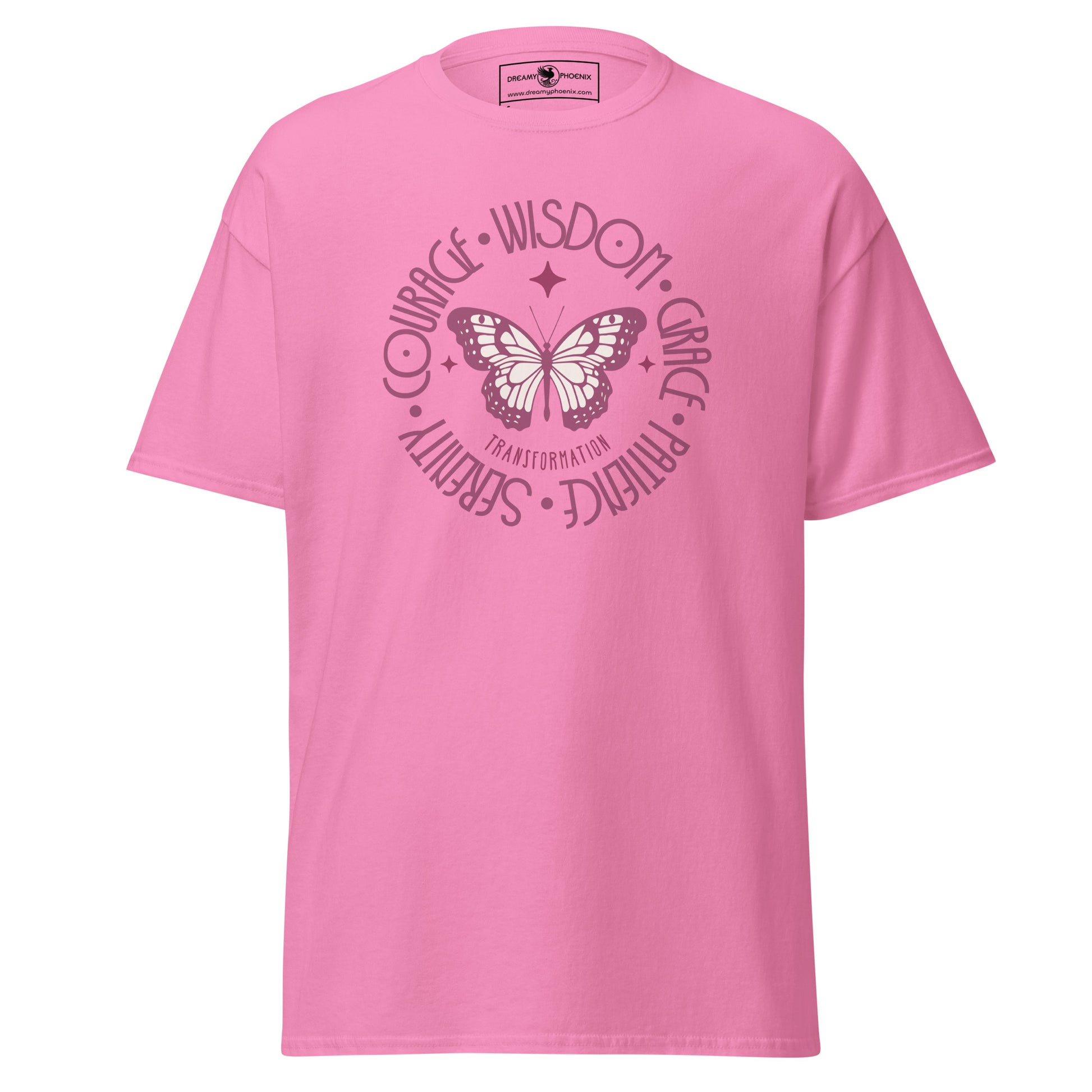 butterfly-transformation-wisdom-courage-grace-patience-serenity-classic-tee-azalea-colour-front-view-Dreamy Phoenix