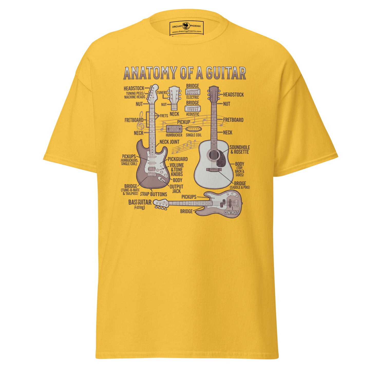 anatomy-of-a-guitar-unisex-classic-tee-daisy-yellow-colour-front-view-Dreamy Phoenix