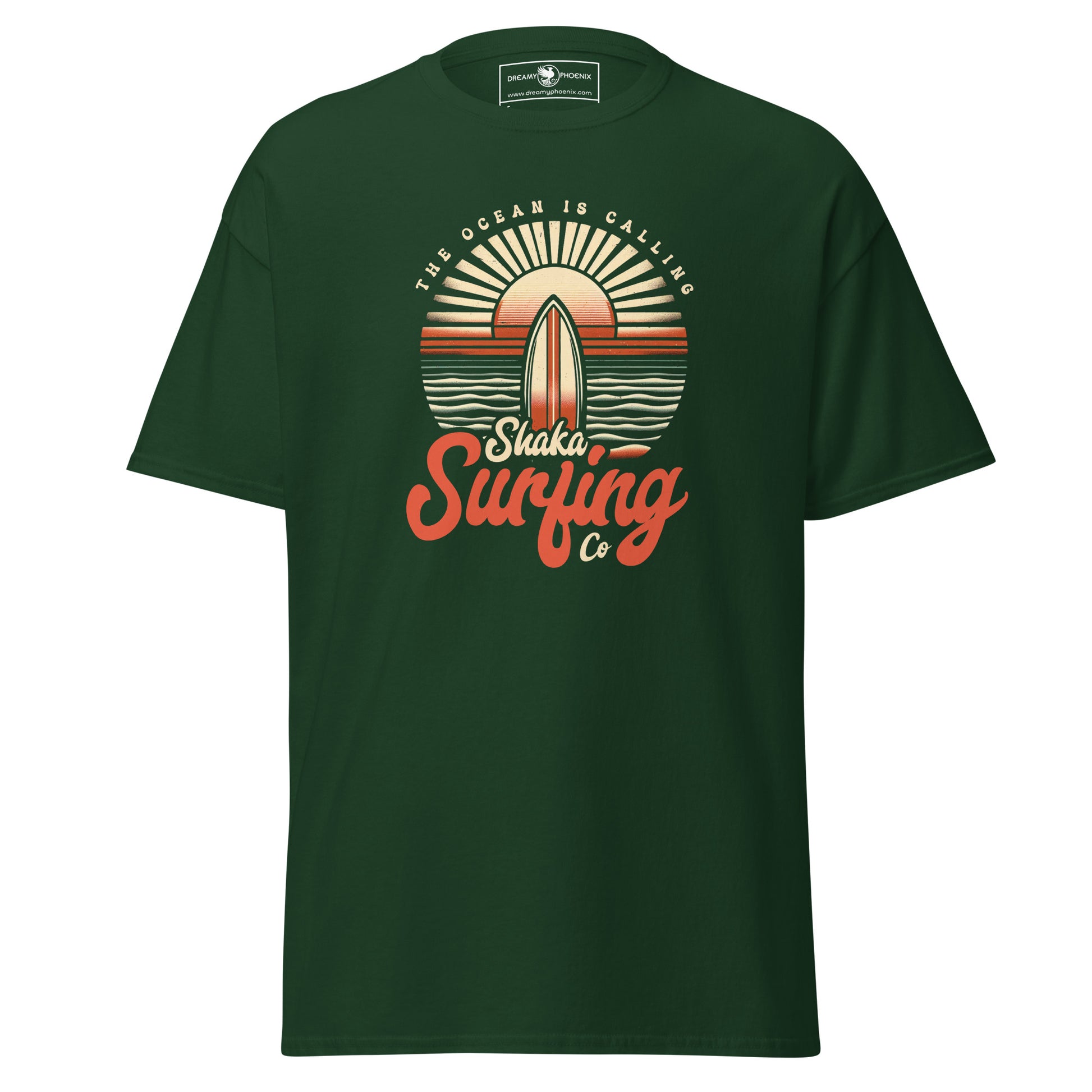 shaka-surfing-co-unisex-classic-tee-forest-green-colour-front-view-Dreamy Phoenix