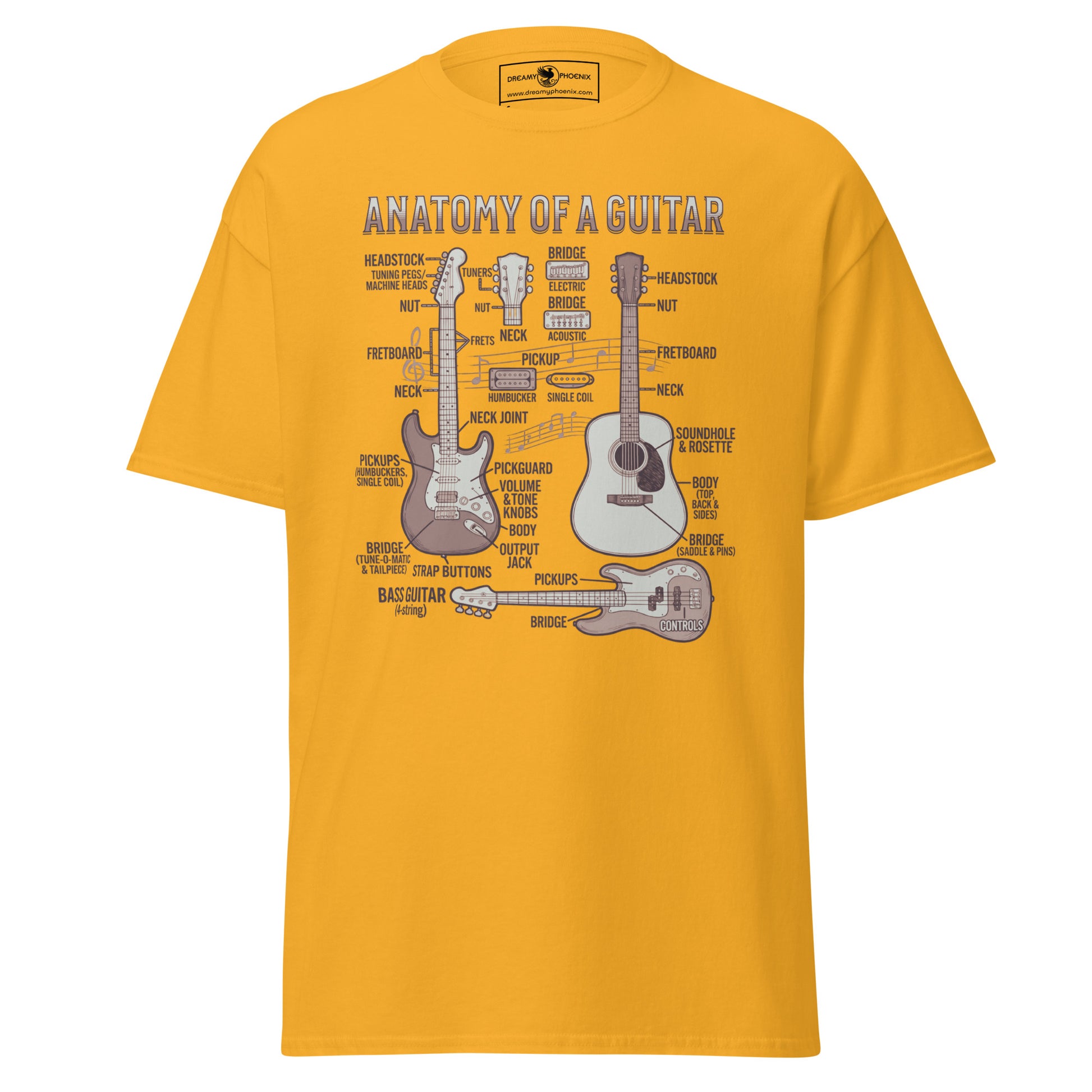 anatomy-of-a-guitar-unisex-classic-tee-gold-colour-front-view-Dreamy Phoenix