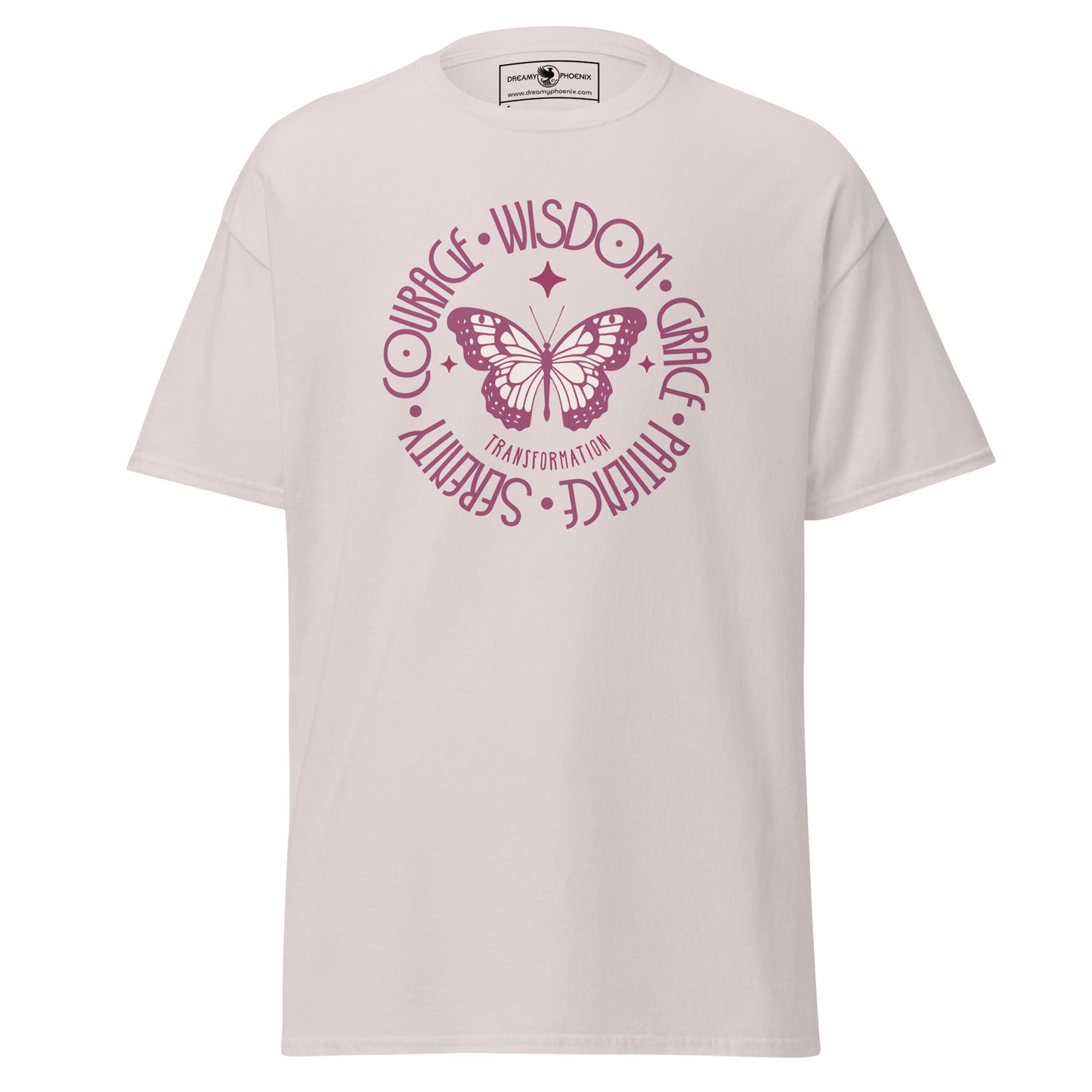 butterfly-transformation-wisdom-courage-grace-patience-serenity-classic-tee-ice-grey-colour-front-view-Dreamy Phoenix
