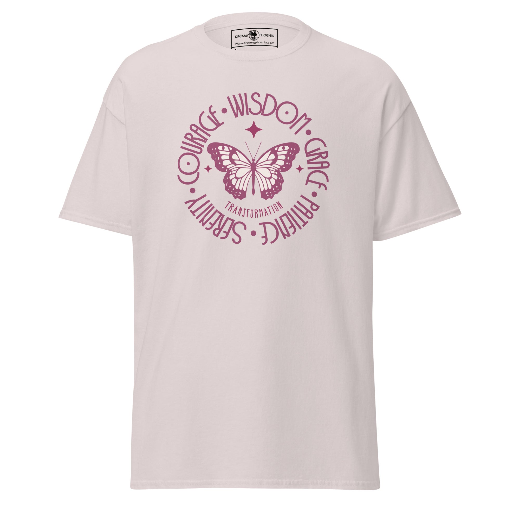 butterfly-transformation-wisdom-courage-grace-patience-serenity-classic-tee-ice-grey-colour-front-view-Dreamy Phoenix