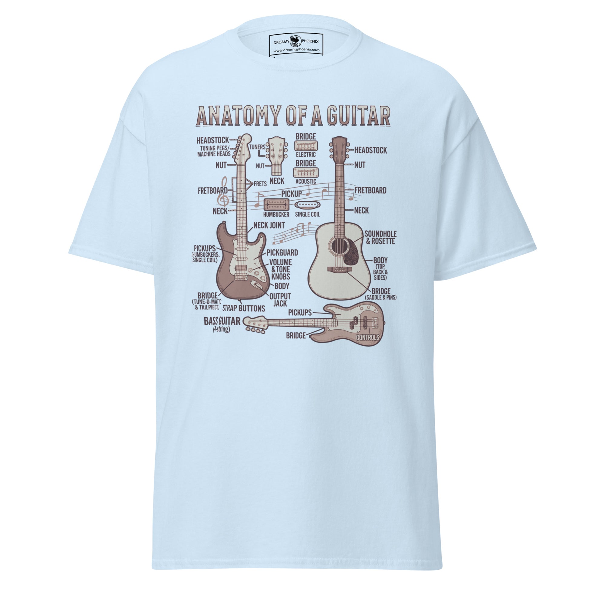 anatomy-of-a-guitar-unisex-classic-tee-light-blue-colour-front-view-Dreamy Phoenix
