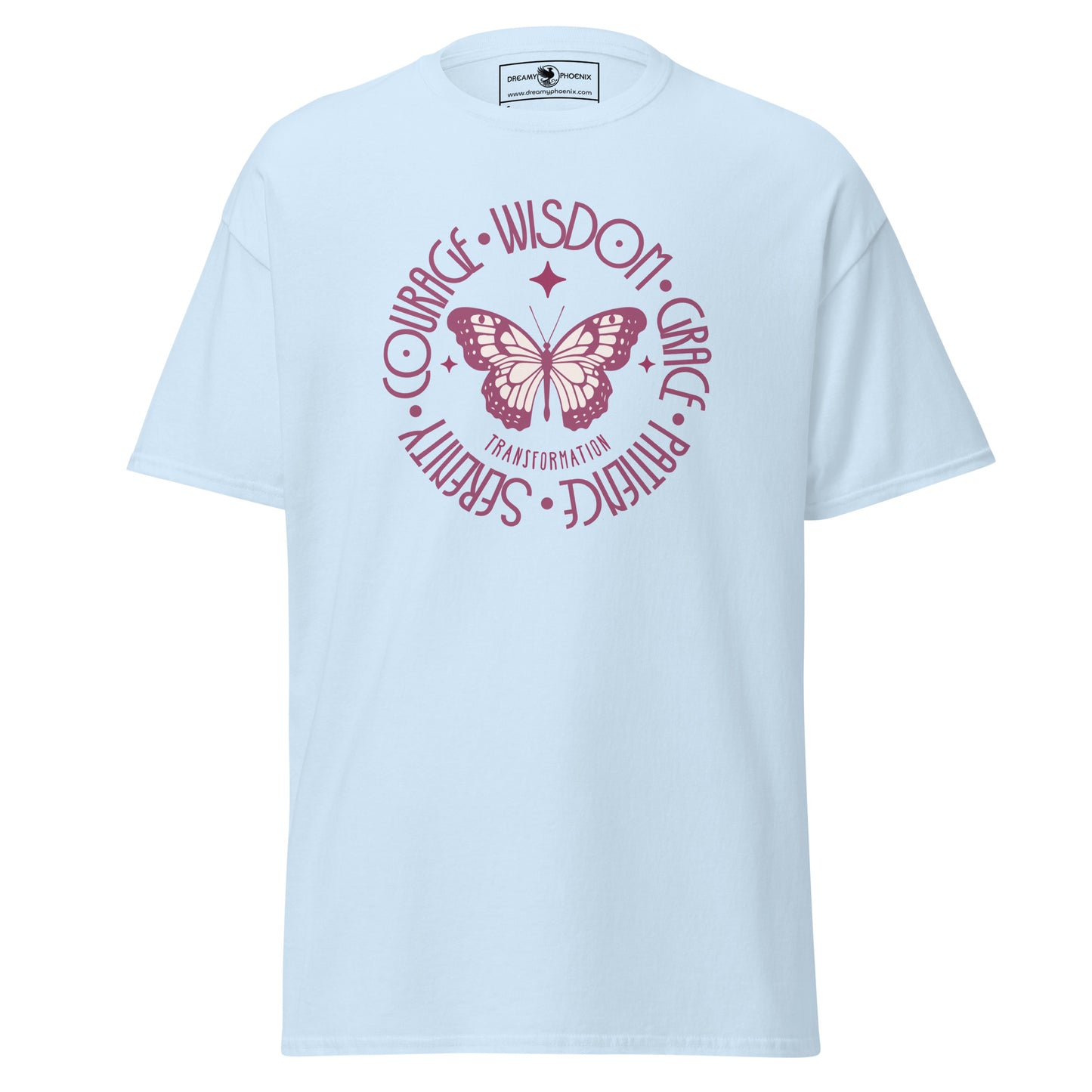 butterfly-transformation-wisdom-courage-grace-patience-serenity-classic-tee-light-blue-colour-front-view-Dreamy Phoenix