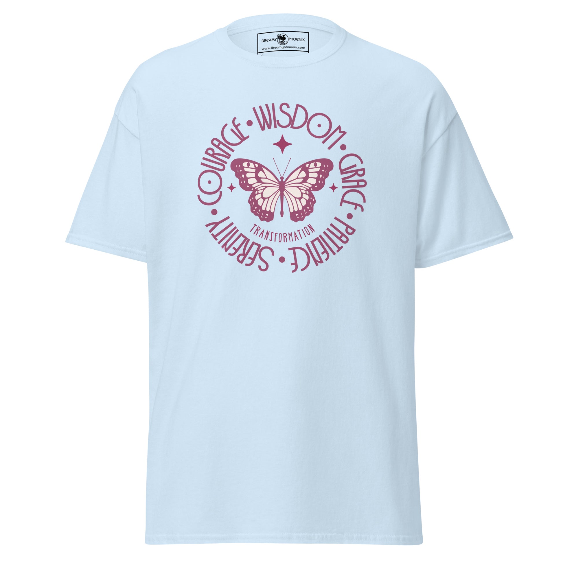 butterfly-transformation-wisdom-courage-grace-patience-serenity-classic-tee-light-blue-colour-front-view-Dreamy Phoenix