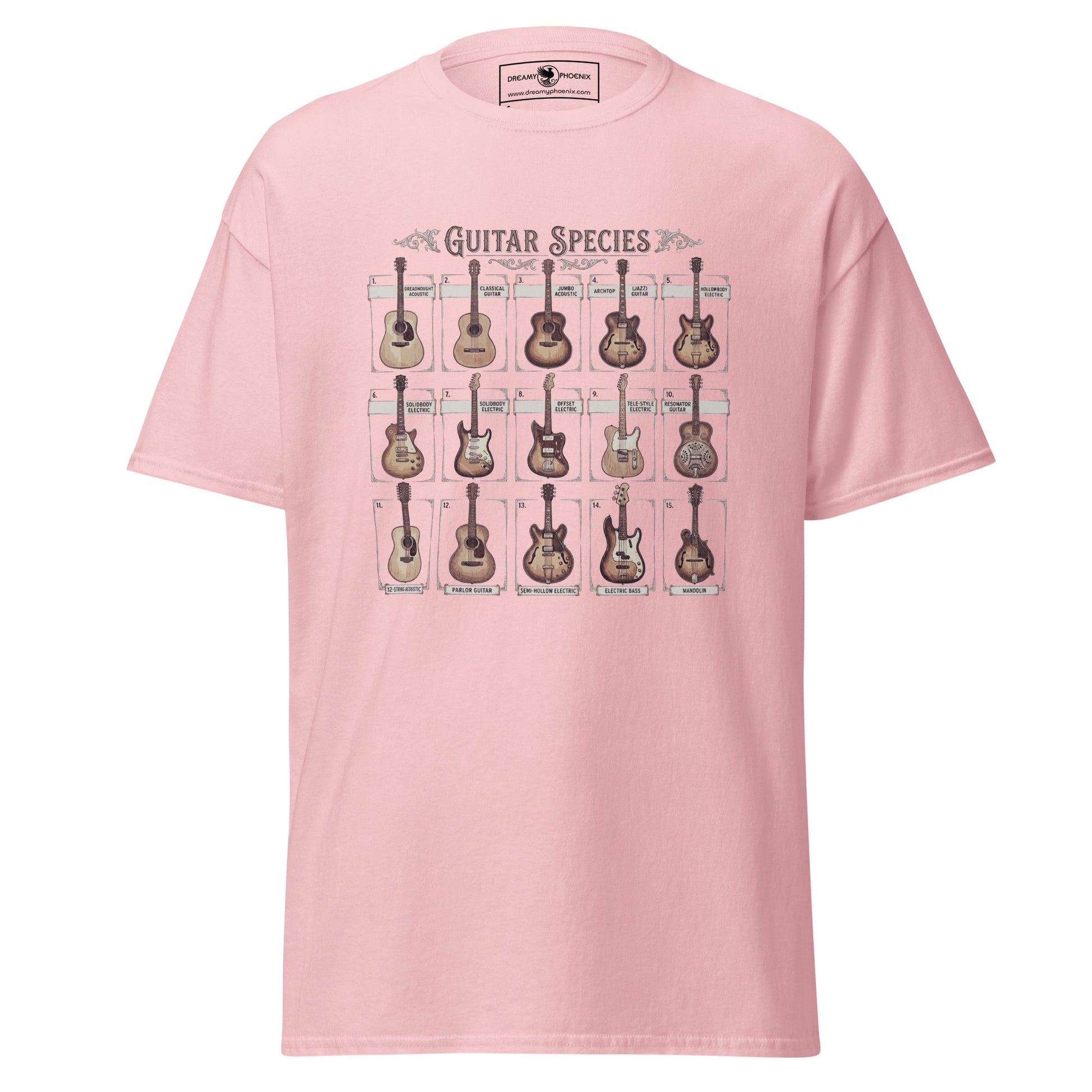 guitar-species-vintage-style-unisex-classic-tee-light-pink-colour-front-view-Dreamy Phoenix