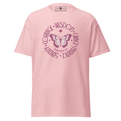 butterfly-transformation-wisdom-courage-grace-patience-serenity-classic-tee-light-pink-front-view-Dreamy Phoenix