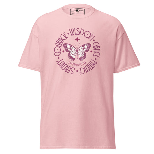 butterfly-transformation-wisdom-courage-grace-patience-serenity-classic-tee-light-pink-front-view-Dreamy Phoenix