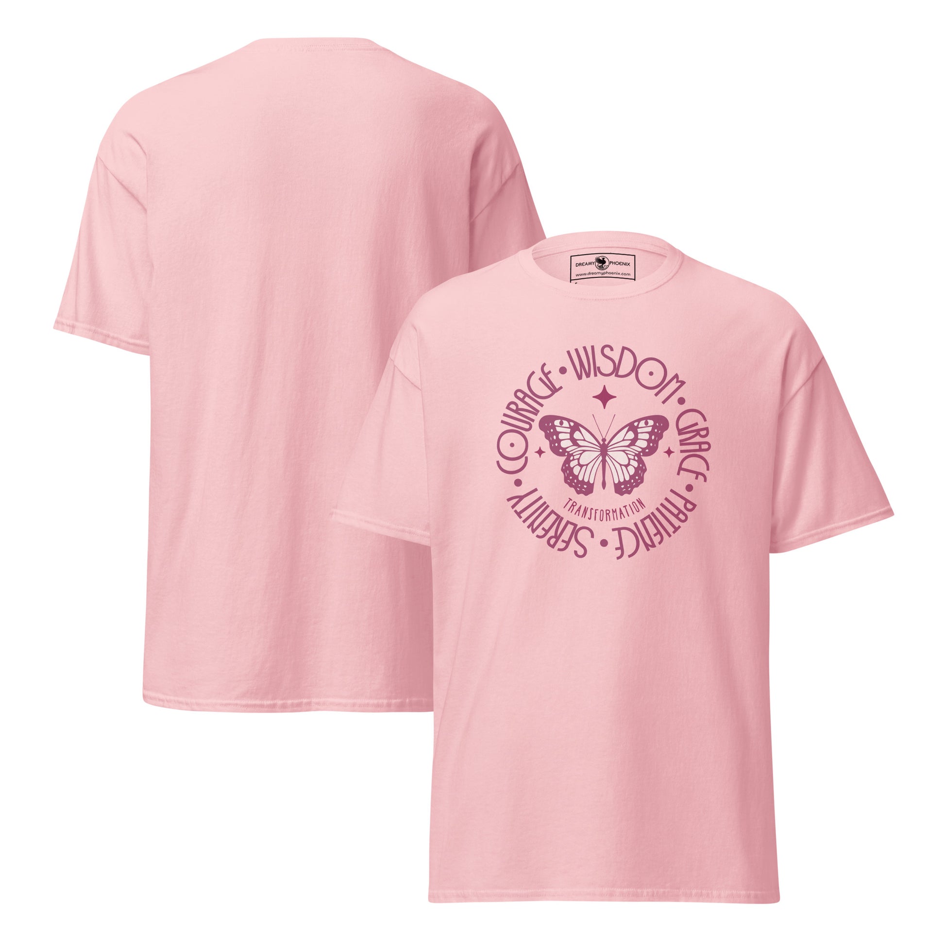 butterfly-transformation-wisdom-courage-grace-patience-serenity-classic-tee-light-pink-colour-front-view-Dreamy Phoenix