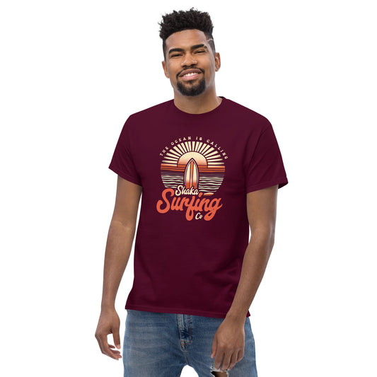 shaka-surfing-co-unisex-classic-tee-maroon-colour-front-view-with-model-Dreamy Phoenix