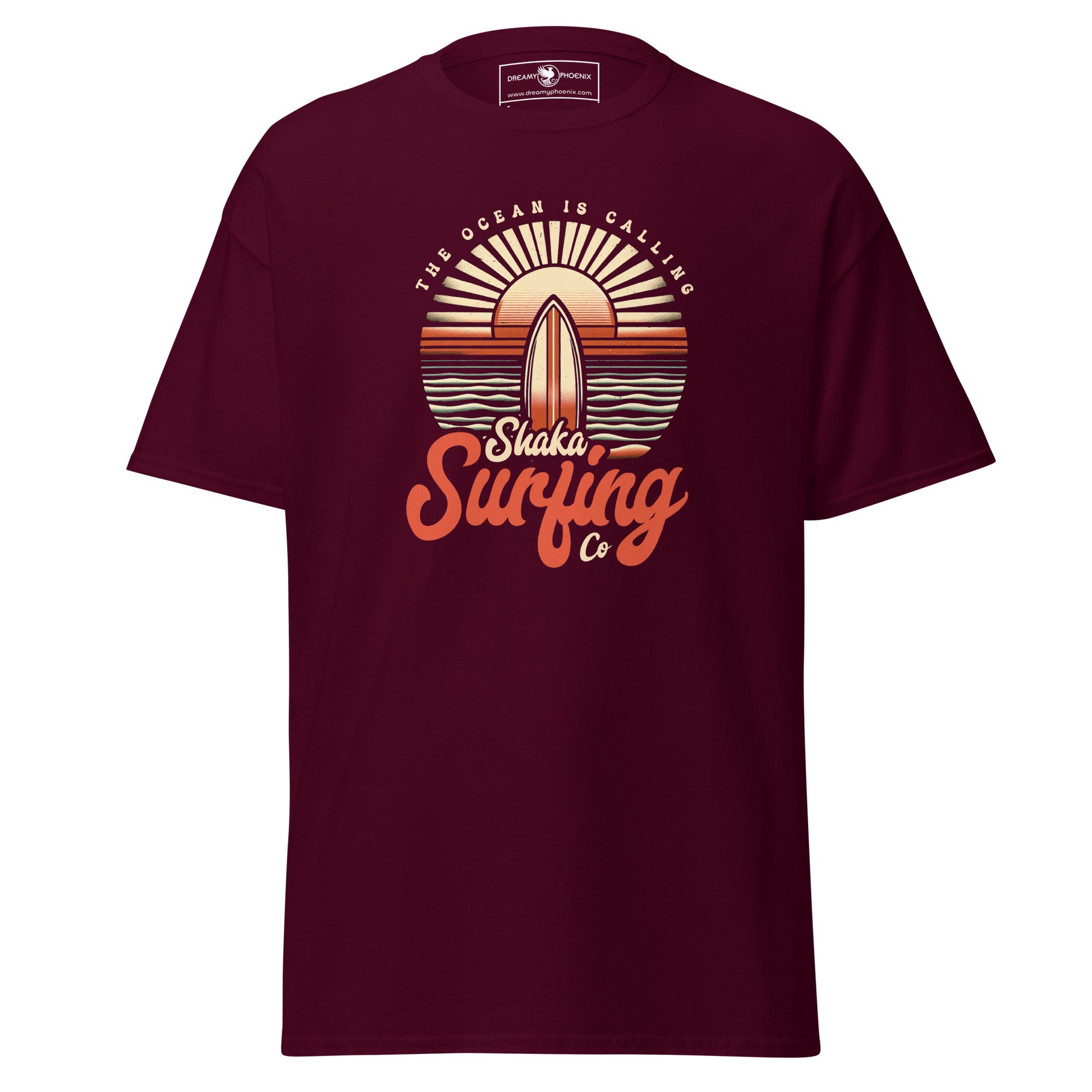shaka-surfing-co-unisex-classic-tee-maroon-colour-front-view-Dreamy Phoenix