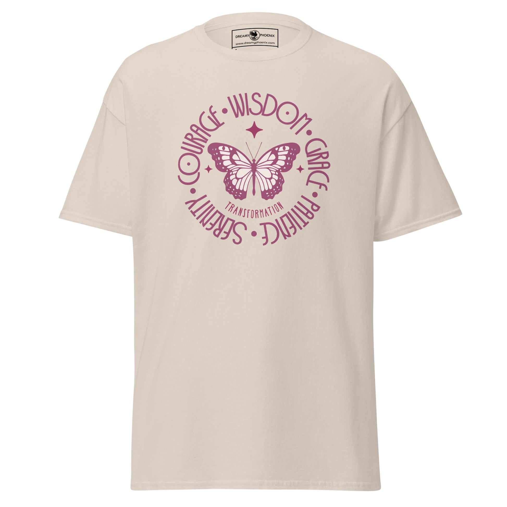 butterfly-transformation-wisdom-courage-grace-patience-serenity-classic-tee-natural-colour-front-view-Dreamy Phoenix