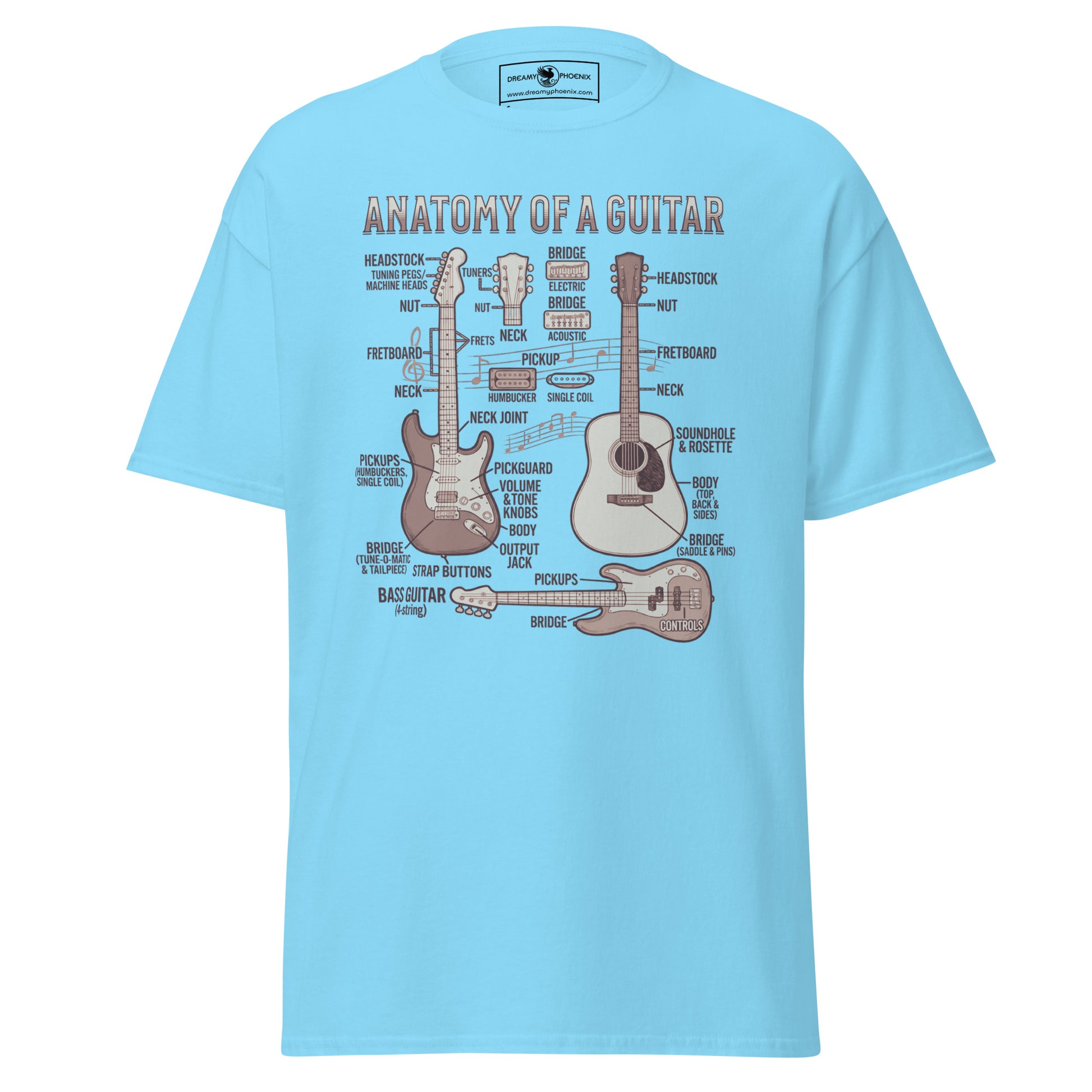 anatomy-of-a-guitar-unisex-classic-tee-sky-blue-colour-front-view-Dreamy Phoenix