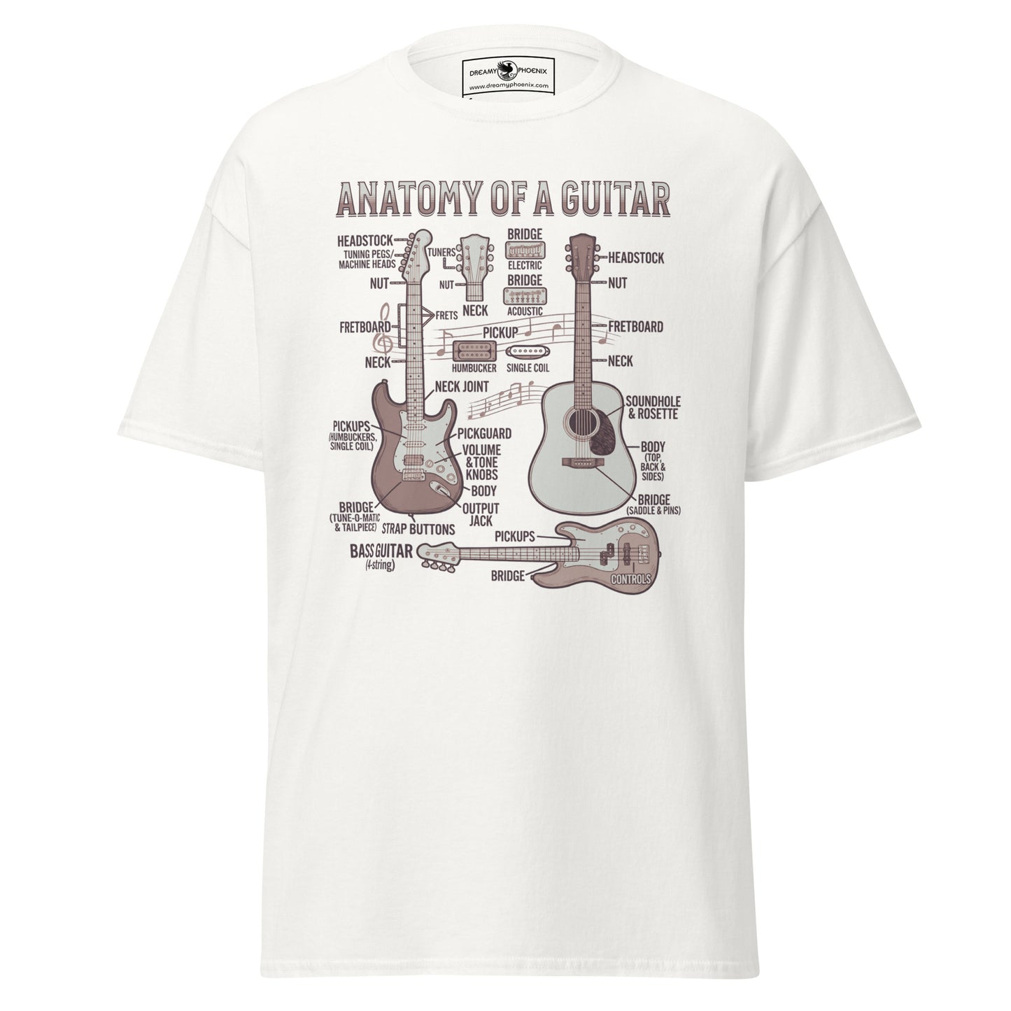 anatomy-of-a-guitar-unisex-classic-tee-white-colour-front-view-Dreamy Phoenix
