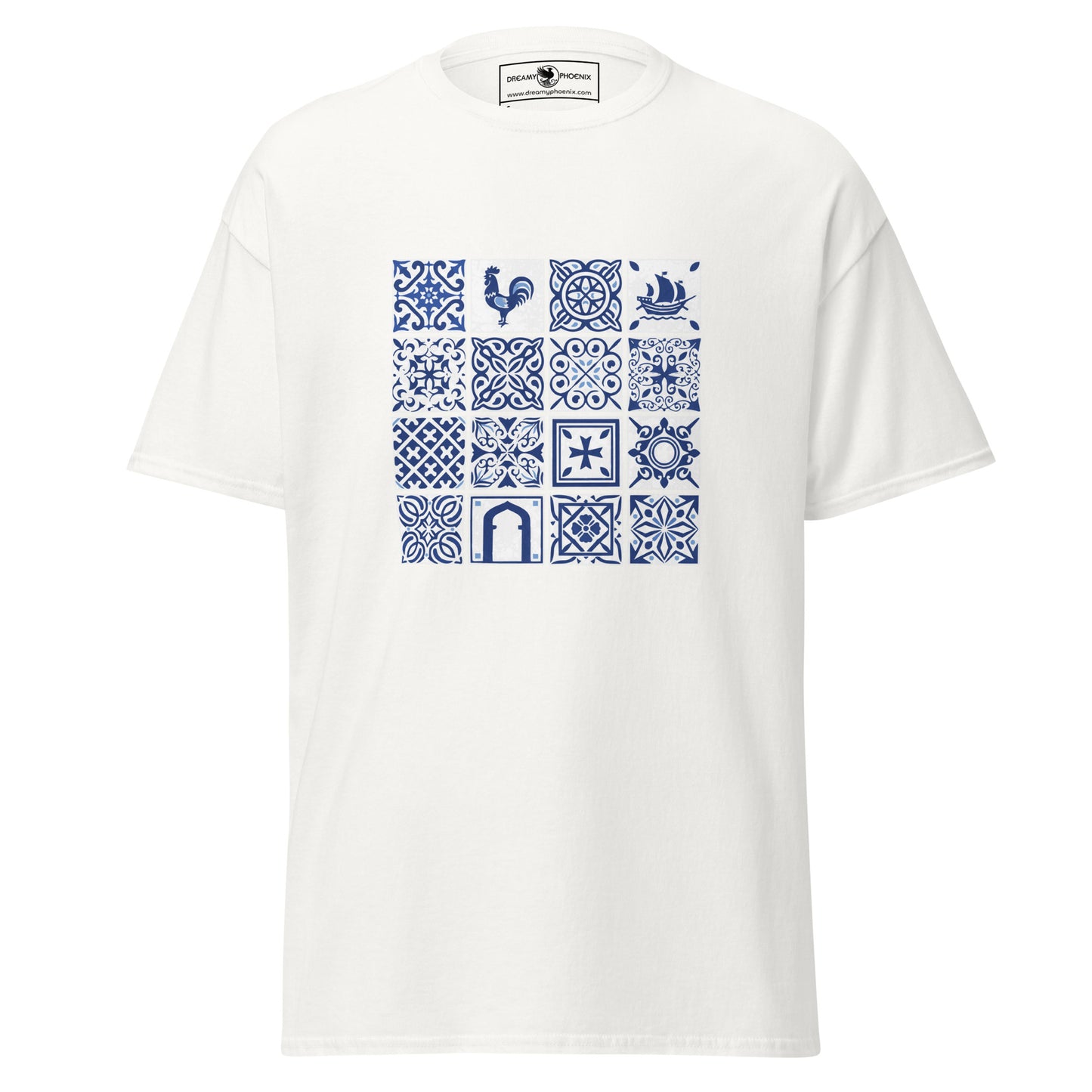 azulejos-blue-and-white-tile-inspired-unisex-classic-tee-white-colour-front-view-Dreamy Phoenix