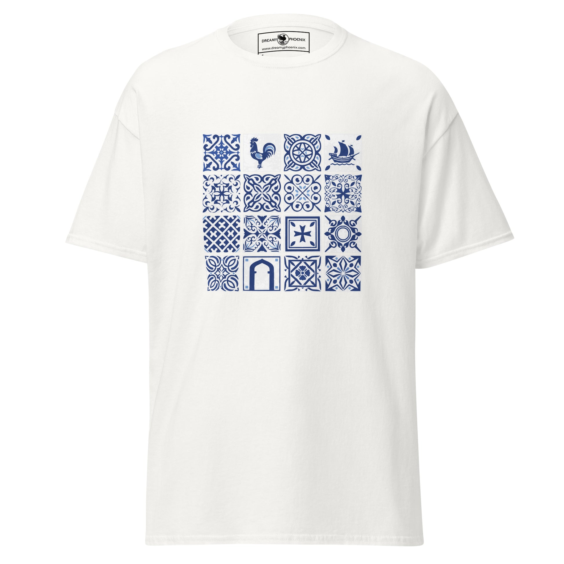 azulejos-blue-and-white-tile-inspired-unisex-classic-tee-white-colour-front-view-Dreamy Phoenix