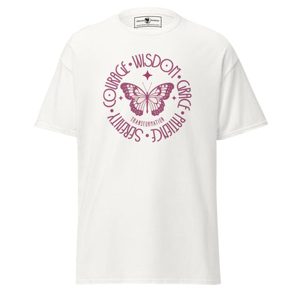 butterfly-transformation-wisdom-courage-grace-patience-serenity-classic-tee-white-front-view-Dreamy Phoenix
