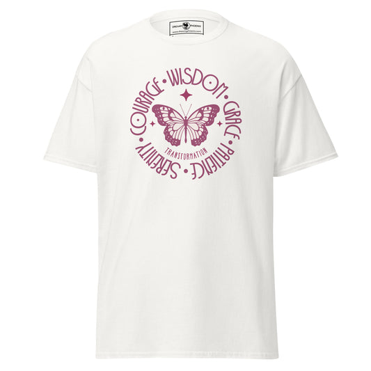 butterfly-transformation-wisdom-courage-grace-patience-serenity-classic-tee-white-front-view-Dreamy Phoenix