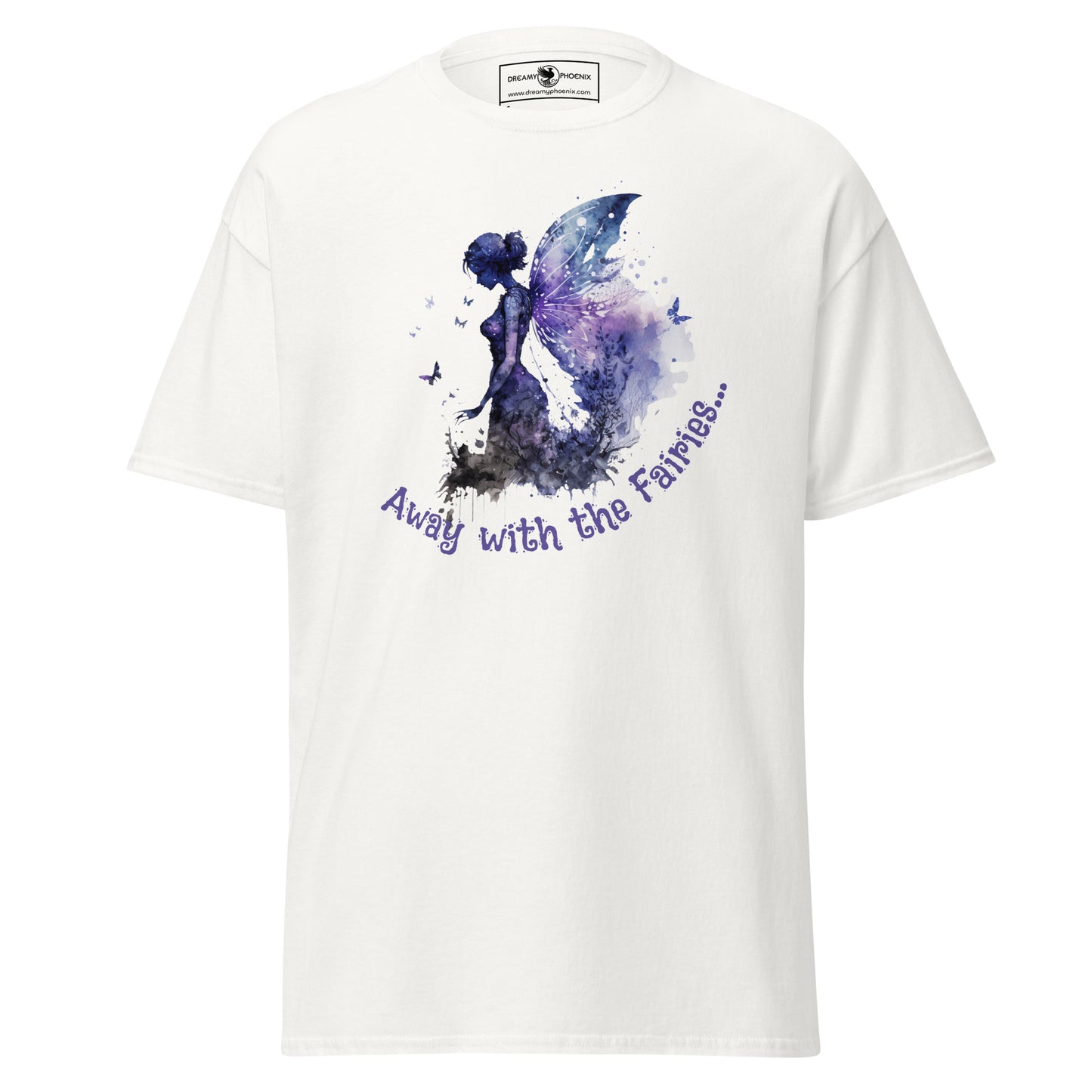 away-with-the-fairies-whimsical-unisex-classic-tee-purple-on-white-front-view-Dreamy Phoenix