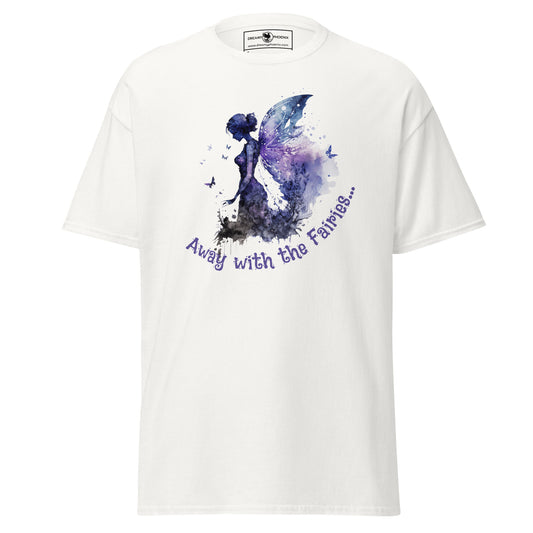 away-with-the-fairies-whimsical-unisex-classic-tee-purple-on-white-front-view-Dreamy Phoenix