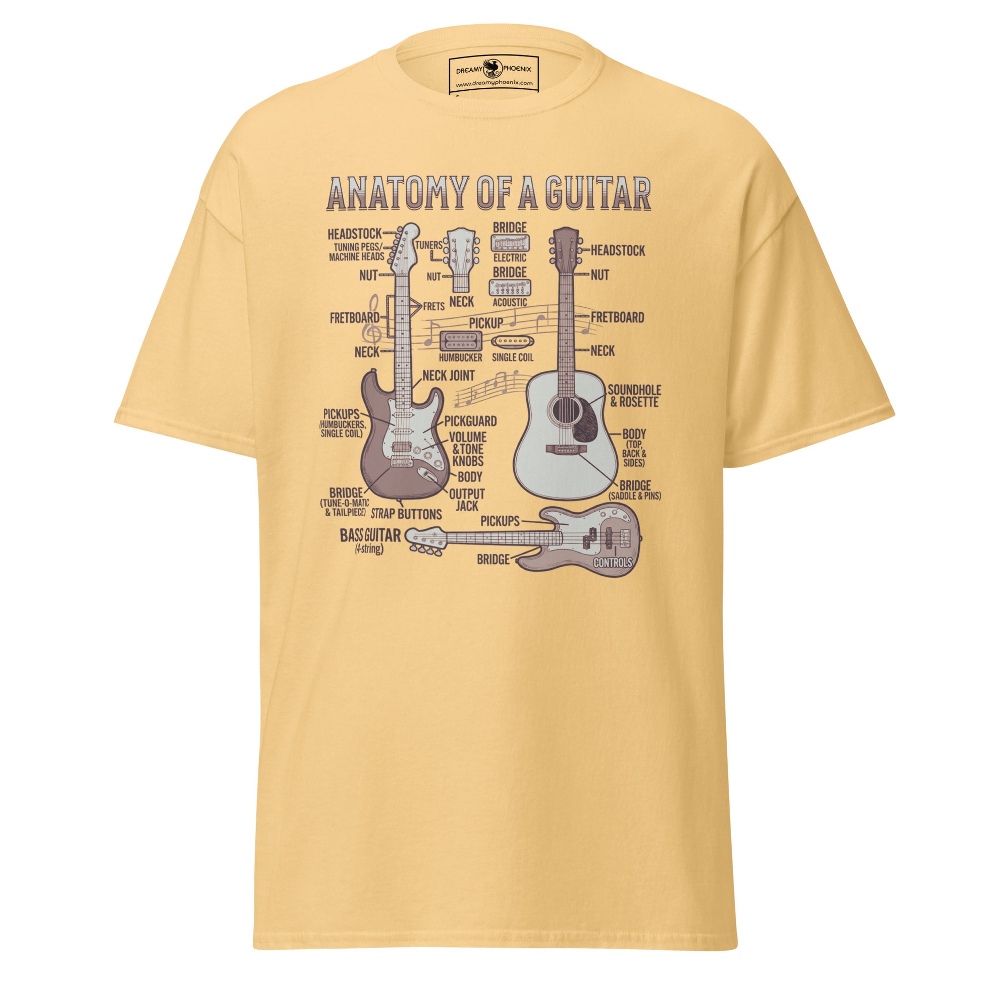anatomy-of-a-guitar-unisex-classic-tee-yellow-haze-colour-front-view-Dreamy Phoenix