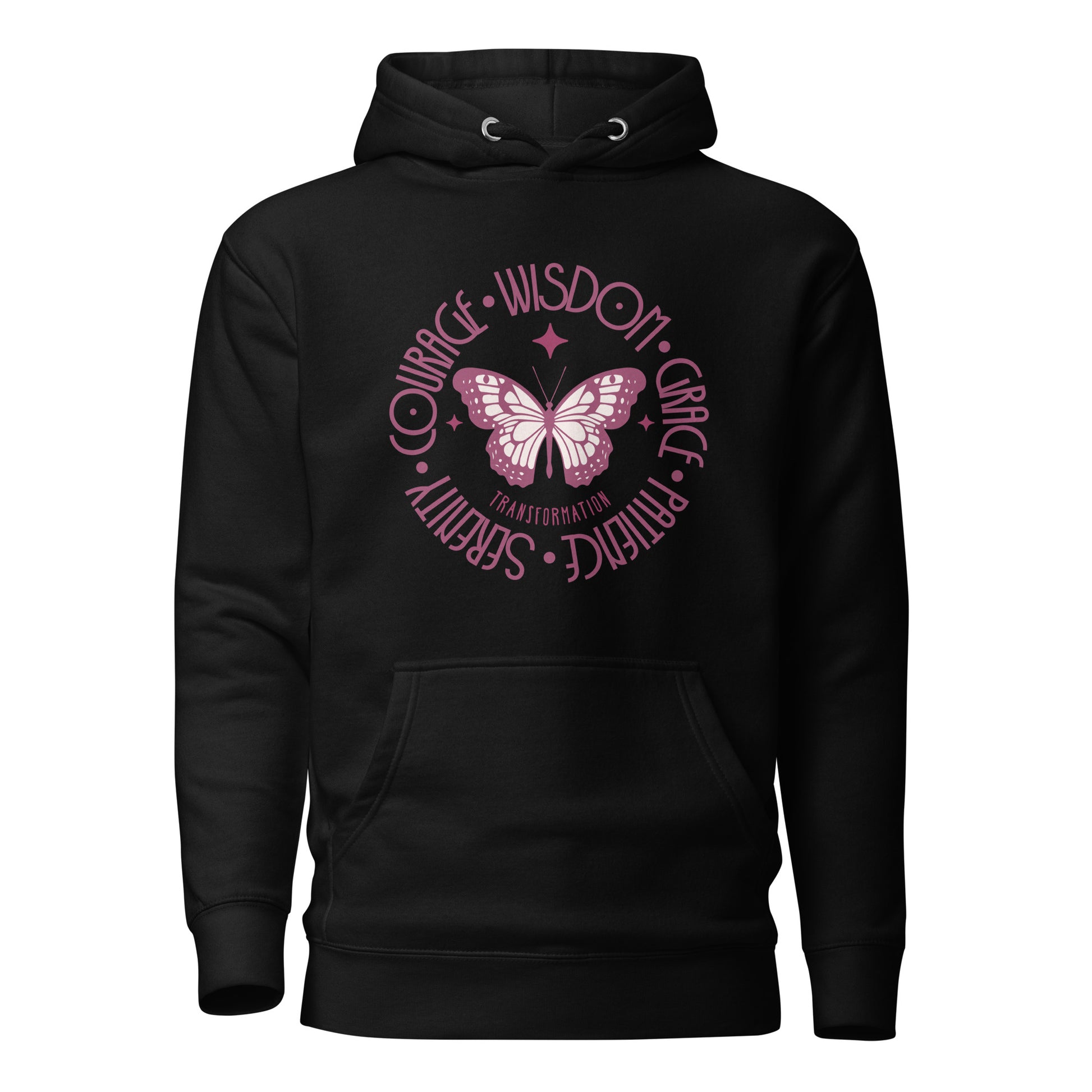 butterfly-transformation-courage-wisdom-grace-patience-serenity-unisex-premium-pullover-hoodie-black-front-view-Dreamy Phoenix