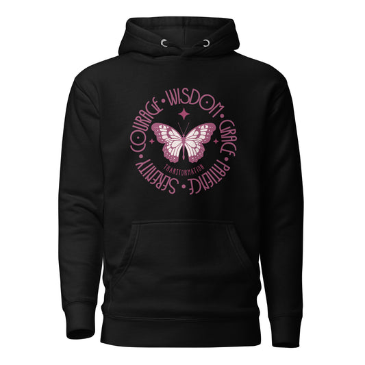 butterfly-transformation-courage-wisdom-grace-patience-serenity-unisex-premium-pullover-hoodie-black-front-view-Dreamy Phoenix