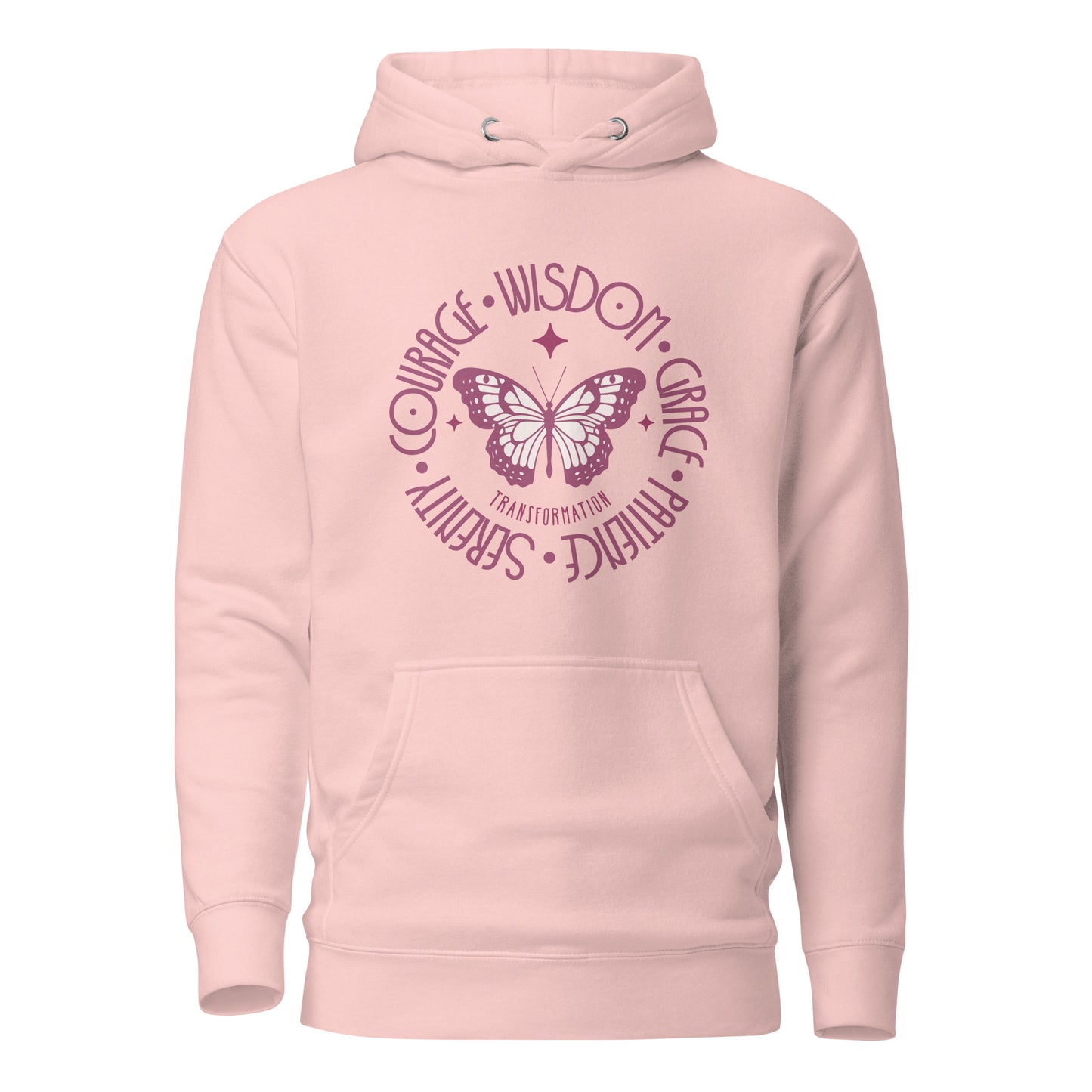 butterfly-transformation-courage-wisdom-grace-patience-serenity-unisex-premium-pullover-hoodie-light-pink-front-view-Dreamy Phoenix