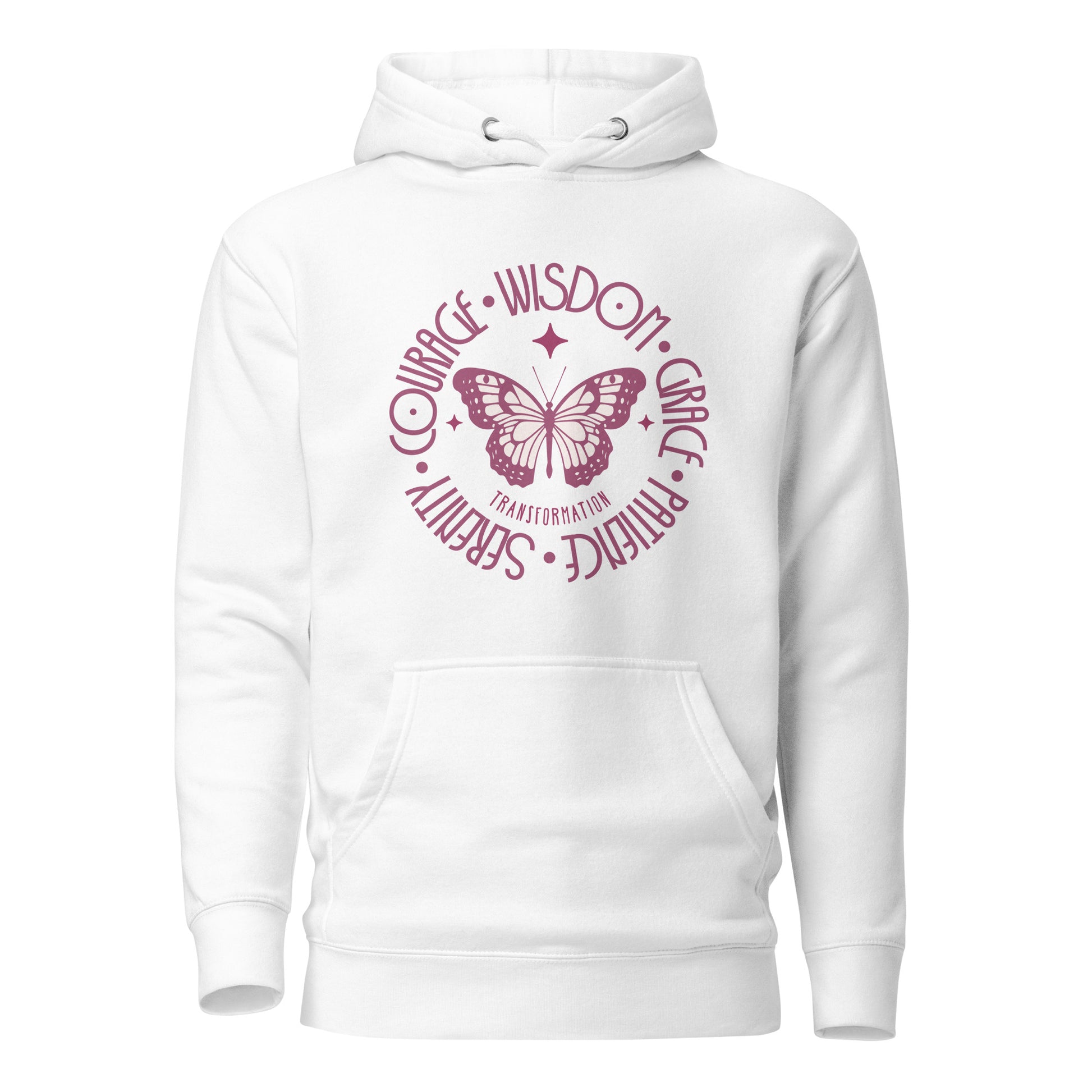 butterfly-transformation-courage-wisdom-grace-patience-serenity-unisex-premium-pullover-hoodie-white-front-view-Dreamy Phoenix