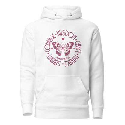 butterfly-transformation-courage-wisdom-grace-patience-serenity-unisex-premium-pullover-hoodie-white-front-view-Dreamy Phoenix